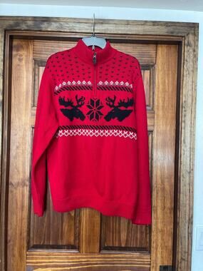 Chaps Men's Red Quarter Zip Holiday Sweater Moose Snowflake Fair Isle Knit L